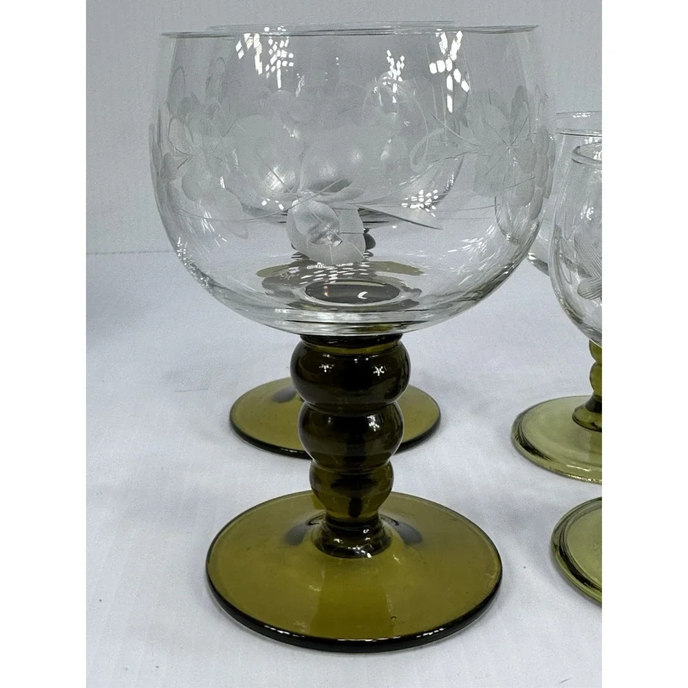 7 VTG Roemer Goblet Glasses Avocado Green Stem Etched Grapevine 2 Big 5 Smaller‎